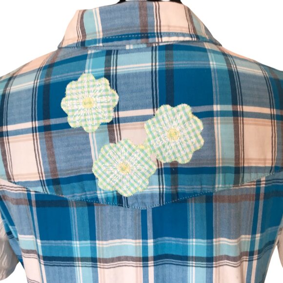 Upcycled Flowy Boho Patchwork Tunic, Size M: Ruffled Hippie Blouse, Bell Sleeves - Picture 12 of 15